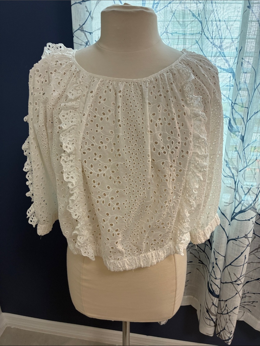 WHBM White Eyelet Ruffle Peasant Top